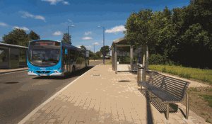 A Fastrack bus in front of The Bridge