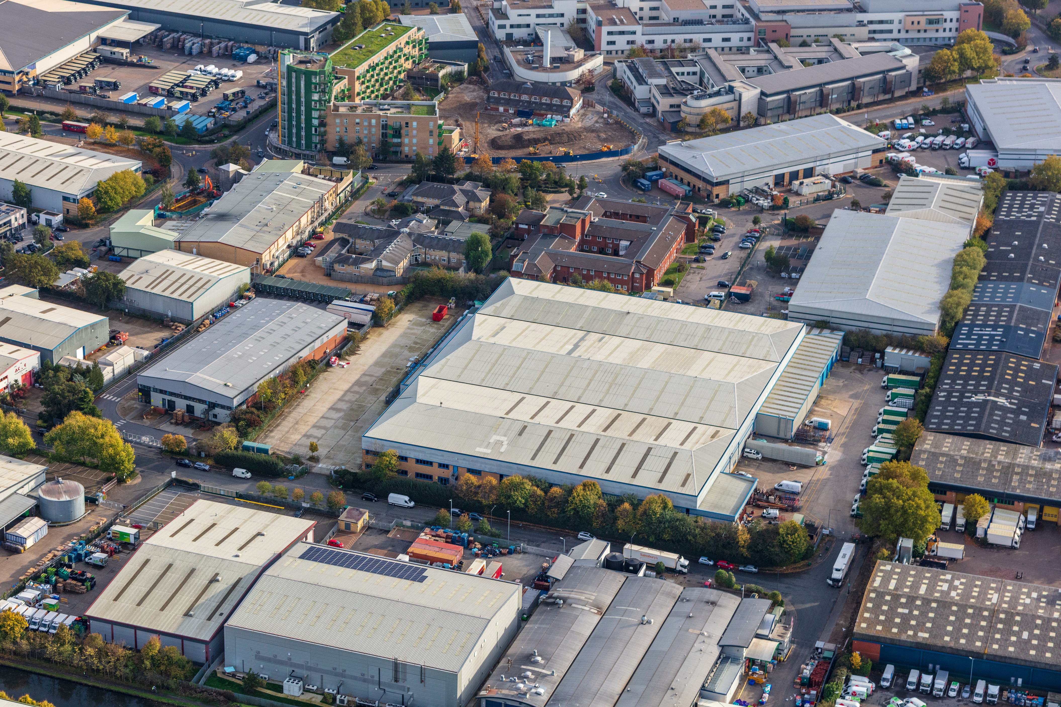 Aerial images of industrial estate showing Prologis Park Royal unit DC3