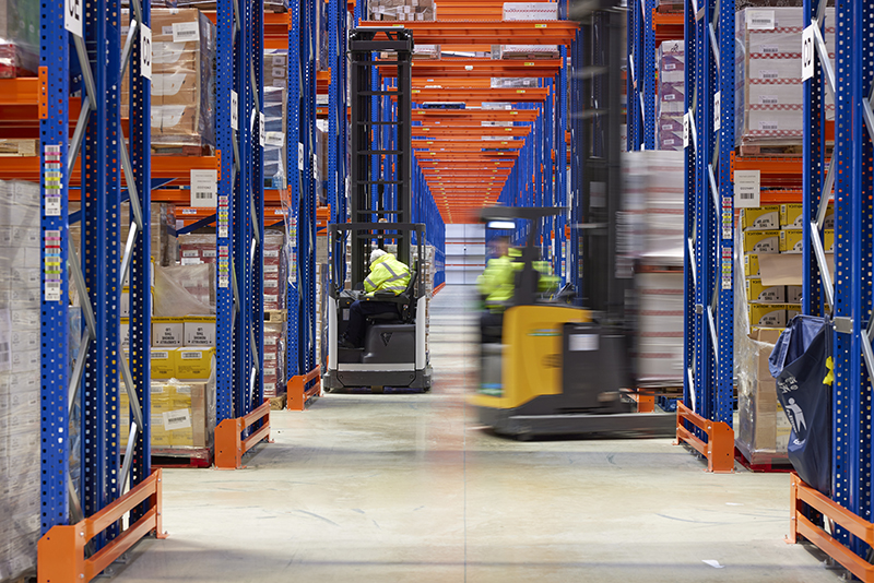 Forklifts and racking inside a Prologis warehouse