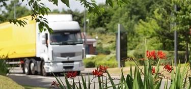 A truck driving on a road with flowers in the foreground