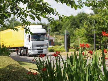 A truck driving on a road with flowers in the foreground